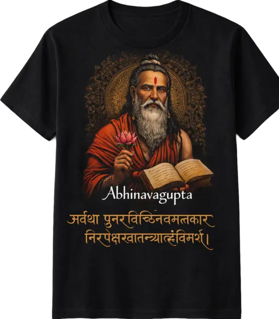 Front of a black t-shirt: a portrait of Abhinavagupta holding a lotus and an open manuscript, above a Sanskrit verse in saffron.
