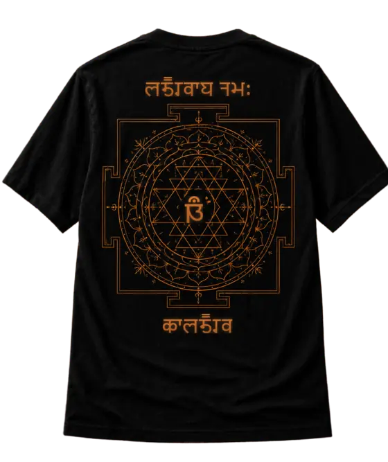 Back of the same t-shirt: a saffron Bhairava yantra — nested triangles and lotus petals within a square gate — beneath the words “oṁ bhairavāya namaḥ” and above “kālabhairava”, lettered in Śāradā script, native to Kaśmir wherefrom hailed the polymath.